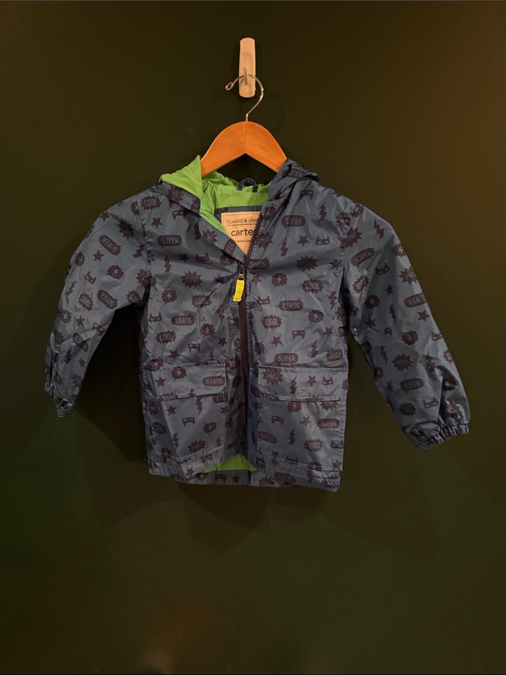 Carter's Navy Blue Raincoat with Lime Green Hood Lining- Batman themed